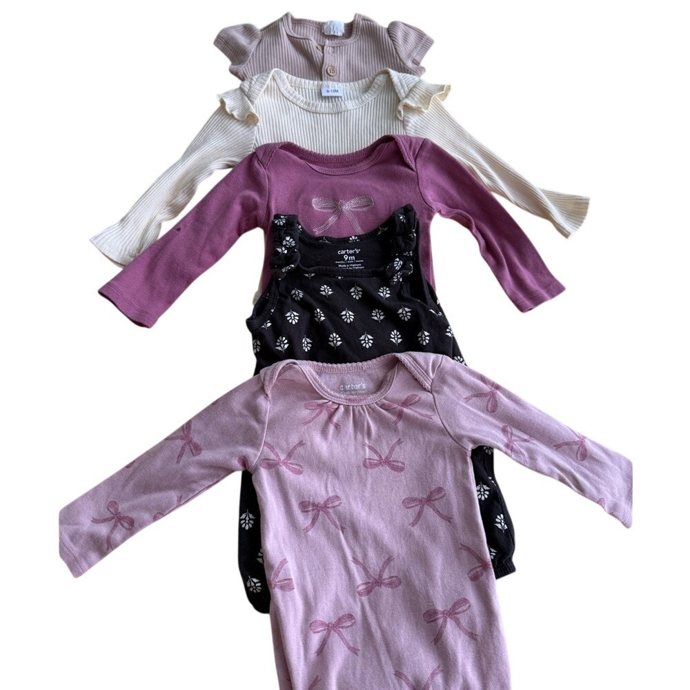 Carters Firsts Baby Girl Bodysuit Top Lot 5pc Bows Ribbed Pink Cream 9M 9-12M